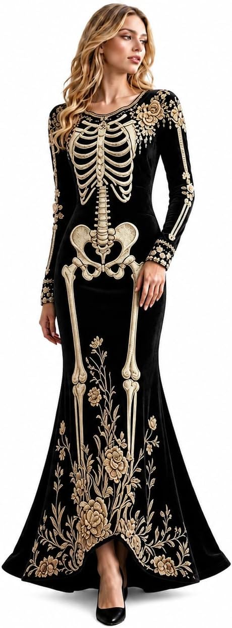 Women Skeleton Dress Long Sleeve Gothic 3D Digital Print Maxi Halloween Dresses Velvet Floral Costume Cosplay