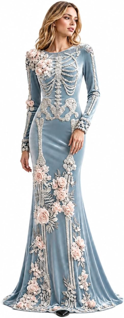 Women Skeleton Dress Long Sleeve Gothic 3D Digital Print Maxi Halloween Dresses Velvet Floral Costume Cosplay
