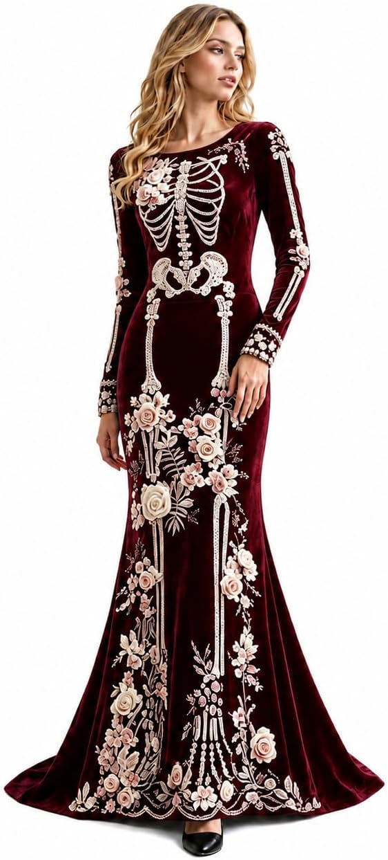 Women Skeleton Dress Long Sleeve Gothic 3D Digital Print Maxi Halloween Dresses Velvet Floral Costume Cosplay