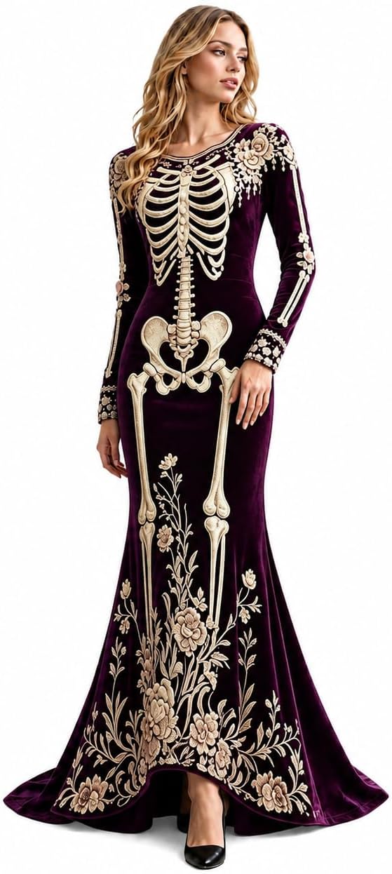Women Skeleton Dress Long Sleeve Gothic 3D Digital Print Maxi Halloween Dresses Velvet Floral Costume Cosplay