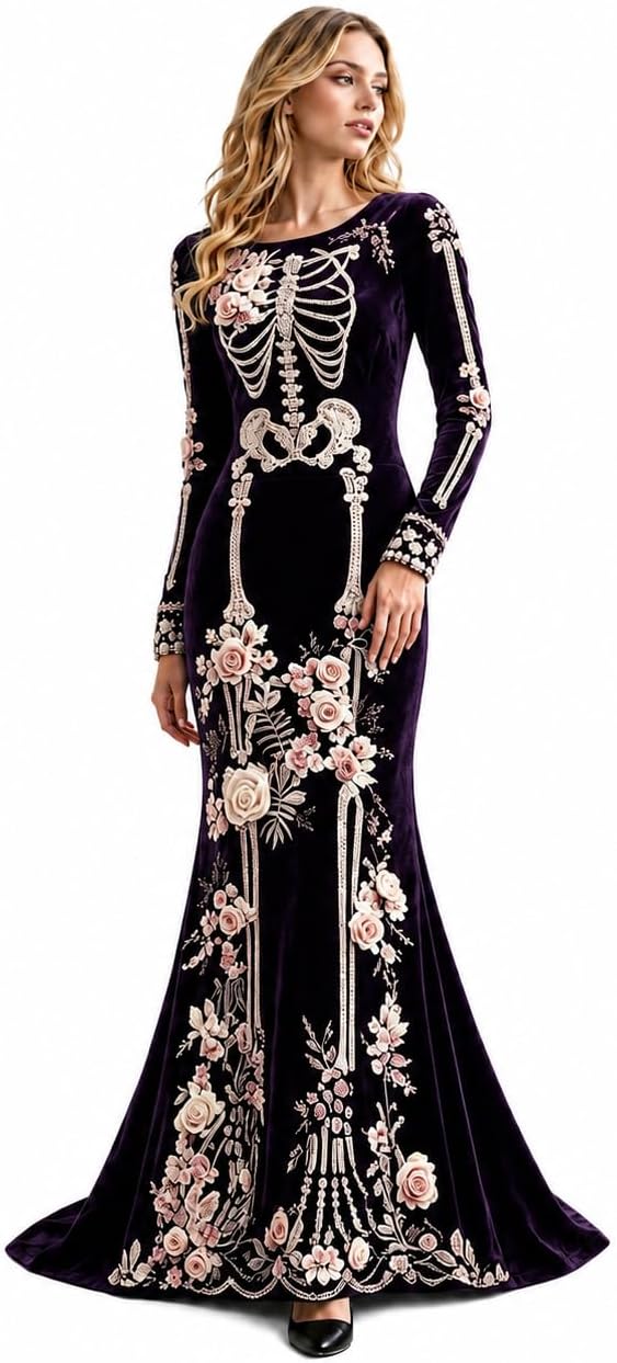 Women Skeleton Dress Long Sleeve Gothic 3D Digital Print Maxi Halloween Dresses Velvet Floral Costume Cosplay