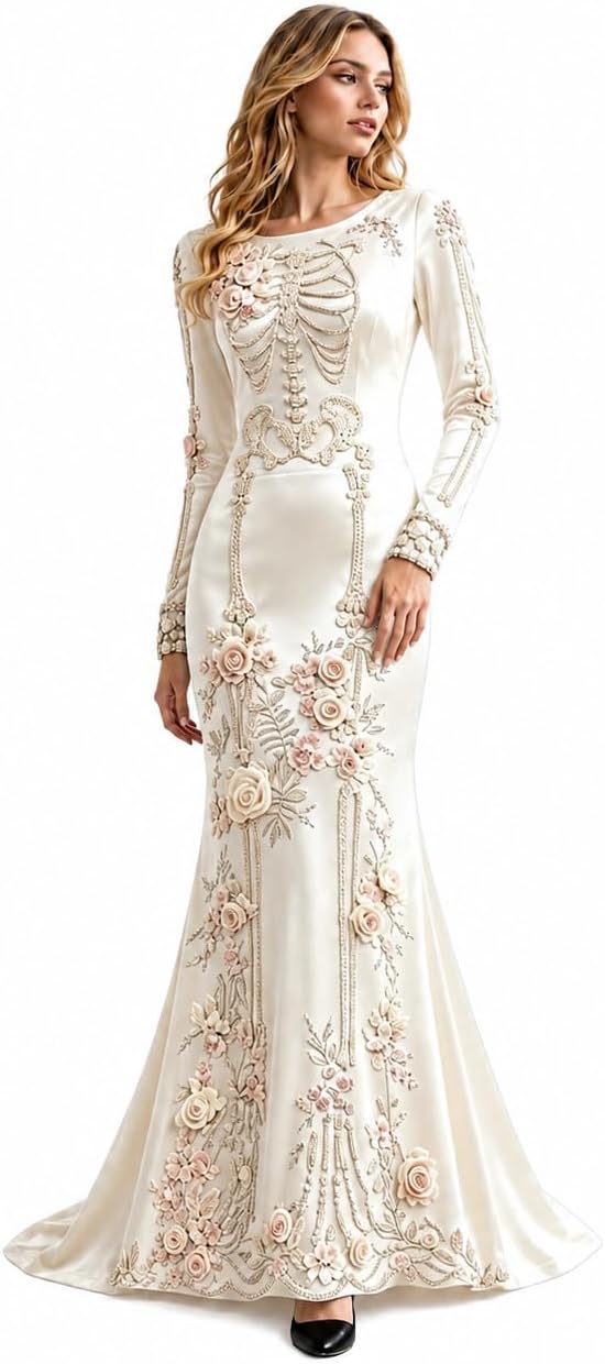 Women Skeleton Dress Long Sleeve Gothic 3D Digital Print Maxi Halloween Dresses Velvet Floral Costume Cosplay