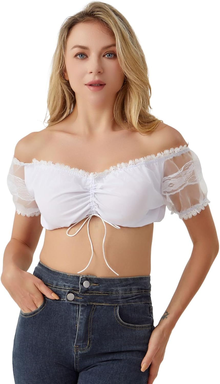Women German Dirndl Blouse. V-Neck Lace Short-Sleeved White Dirndl Shirts