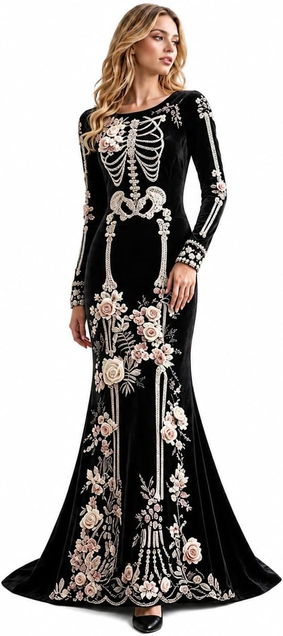 Women Skeleton Dress Long Sleeve Gothic 3D Digital Print Maxi Halloween Dresses Velvet Floral Costume Cosplay