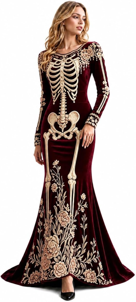 Women Skeleton Dress Long Sleeve Gothic 3D Digital Print Maxi Halloween Dresses Velvet Floral Costume Cosplay