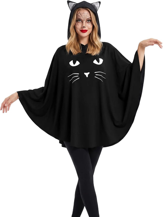 Black Cat Costume for Women. Glow in the Dark Halloween Poncho Hooded Cloak for Cosplay Themed Party