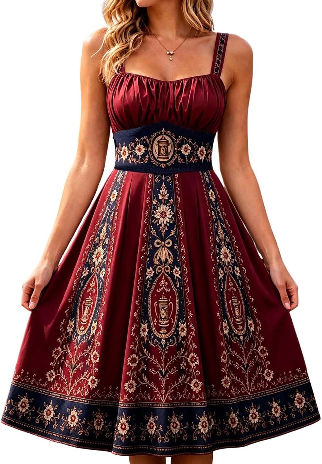 Vintage Floral Embroidered Midi Dress with Sweetheart Neckline Traditional Beer Maid Outfit for Halloween Cosplay Fall Events