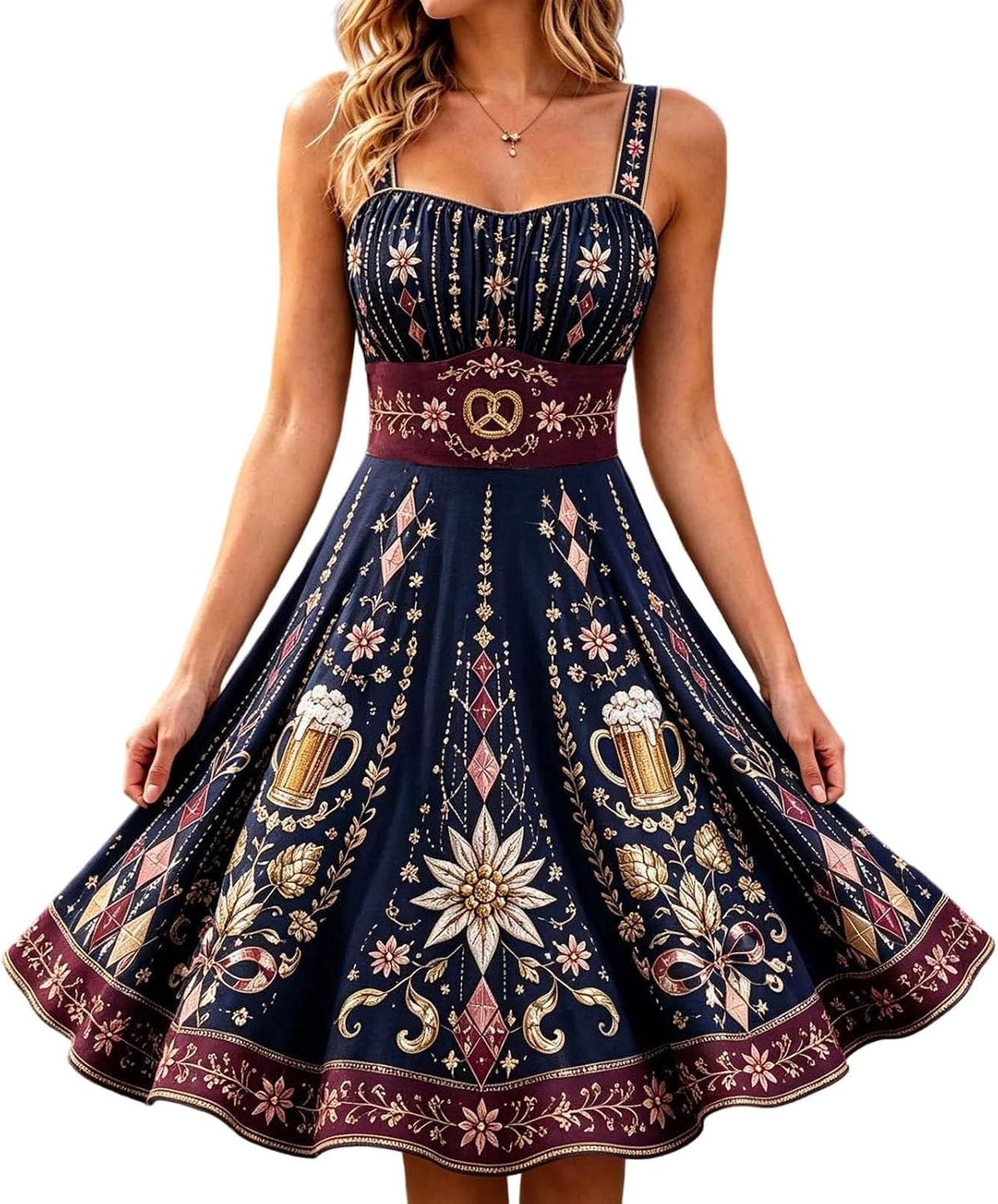 Vintage Floral Embroidered Midi Dress with Sweetheart Neckline Traditional Beer Maid Outfit for Halloween Cosplay Fall Events