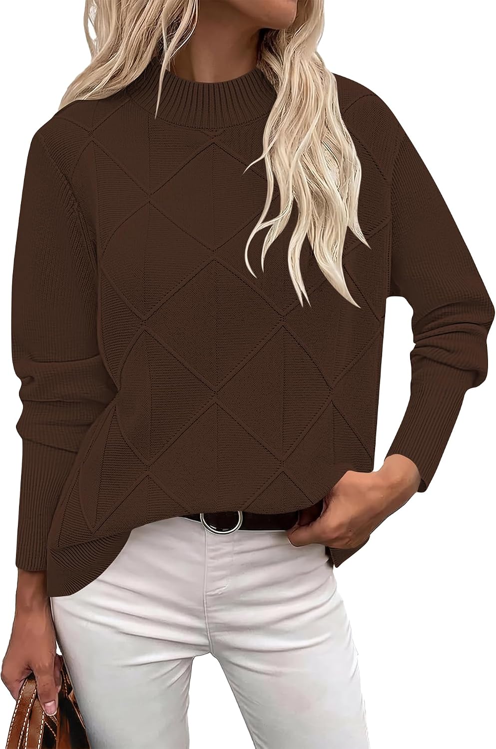Womens Cable Knit Sweater Fall Mock-Neck Pullover Tops