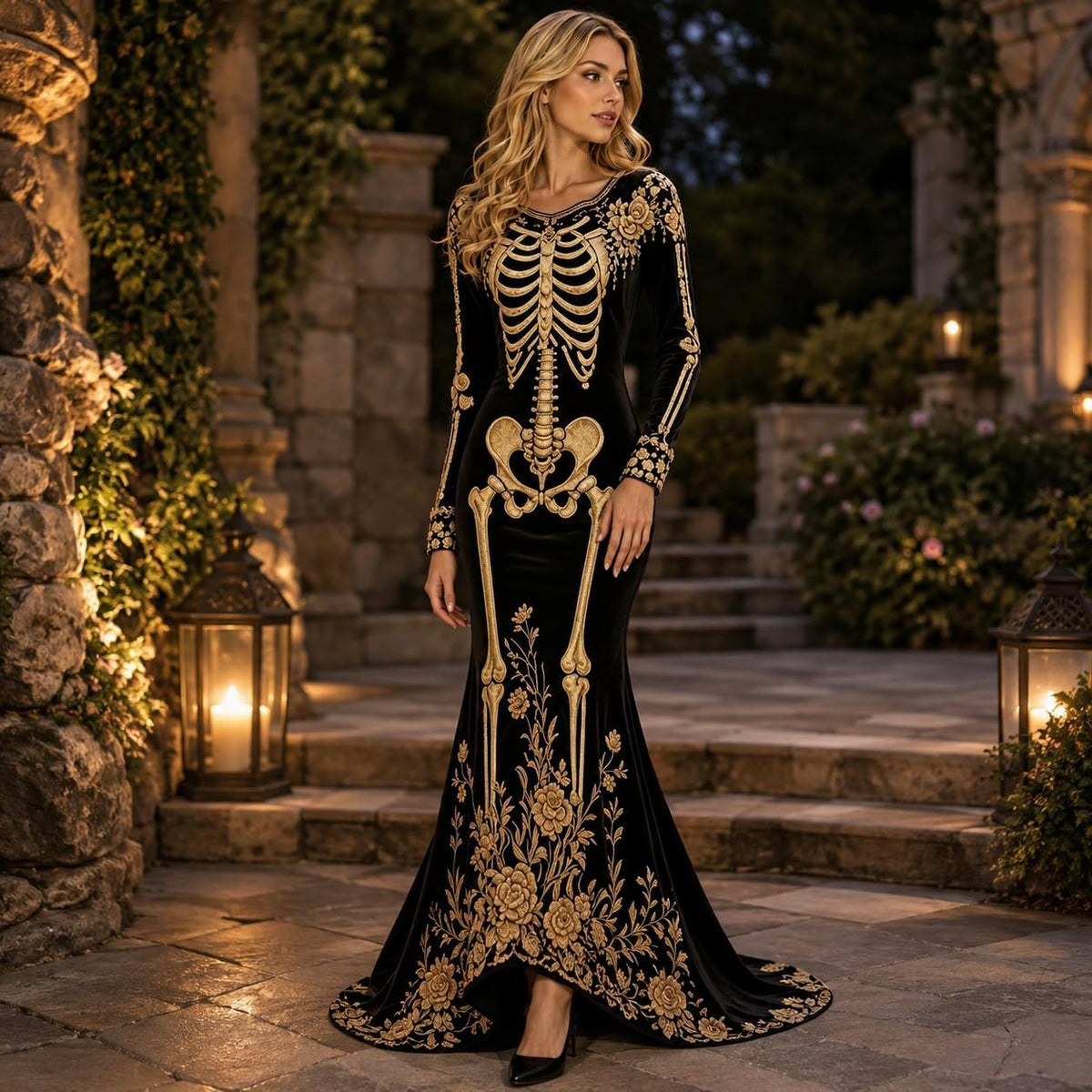 Women Skeleton Dress Long Sleeve Gothic 3D Digital Print Maxi Halloween Dresses Velvet Floral Costume Cosplay