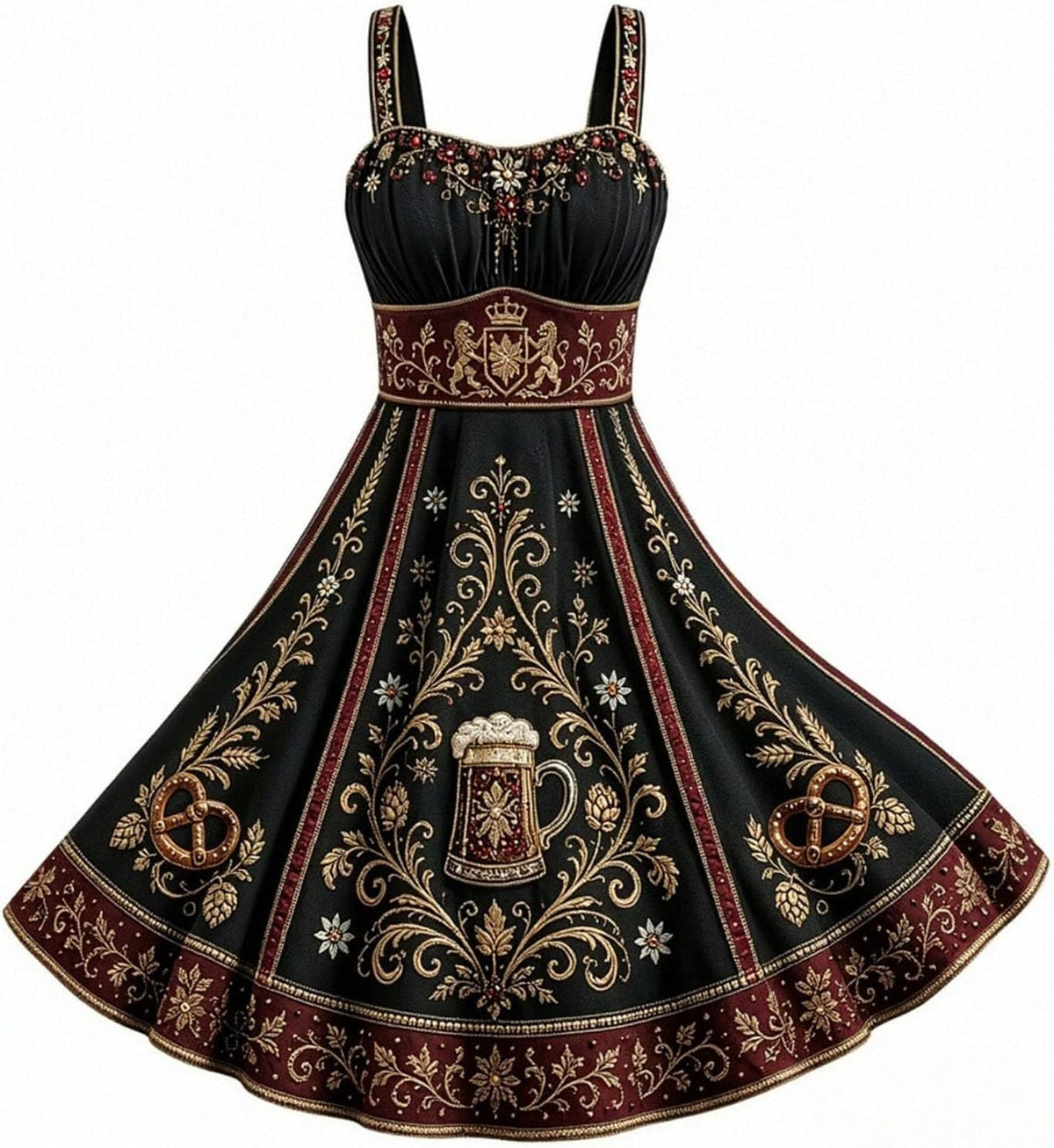 Vintage Floral Embroidered Midi Dress with Sweetheart Neckline Traditional Beer Maid Outfit for Halloween Cosplay Fall Events