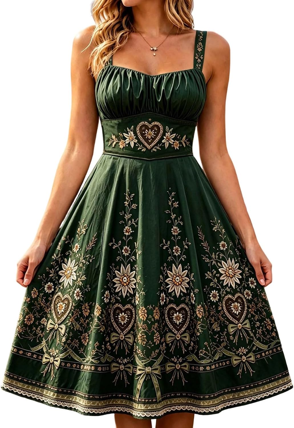 Vintage Floral Embroidered Midi Dress with Sweetheart Neckline Traditional Beer Maid Outfit for Halloween Cosplay Fall Events