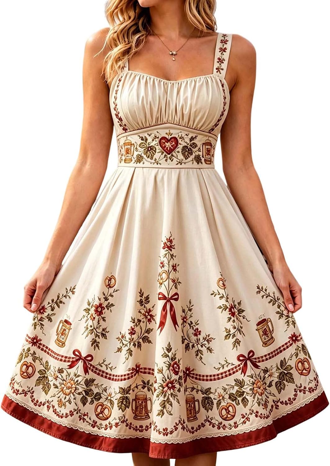 Vintage Floral Embroidered Midi Dress with Sweetheart Neckline Traditional Beer Maid Outfit for Halloween Cosplay Fall Events