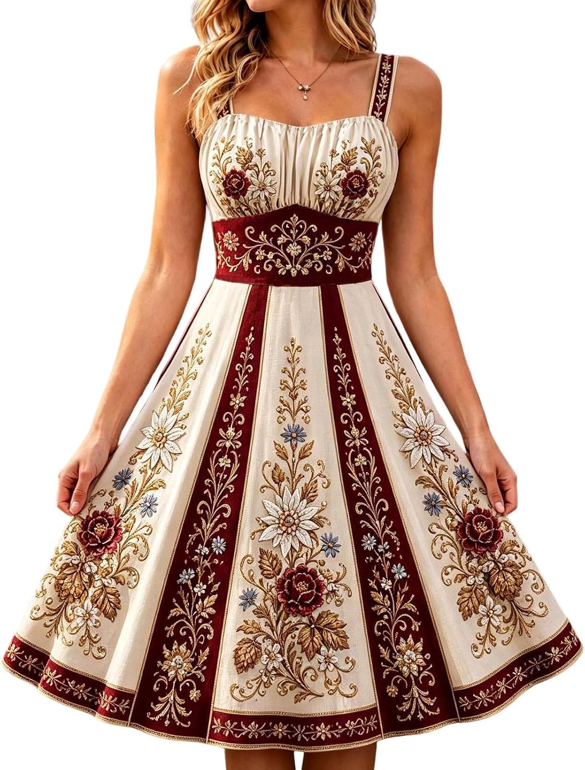 Vintage Floral Embroidered Midi Dress with Sweetheart Neckline Traditional Beer Maid Outfit for Halloween Cosplay Fall Events