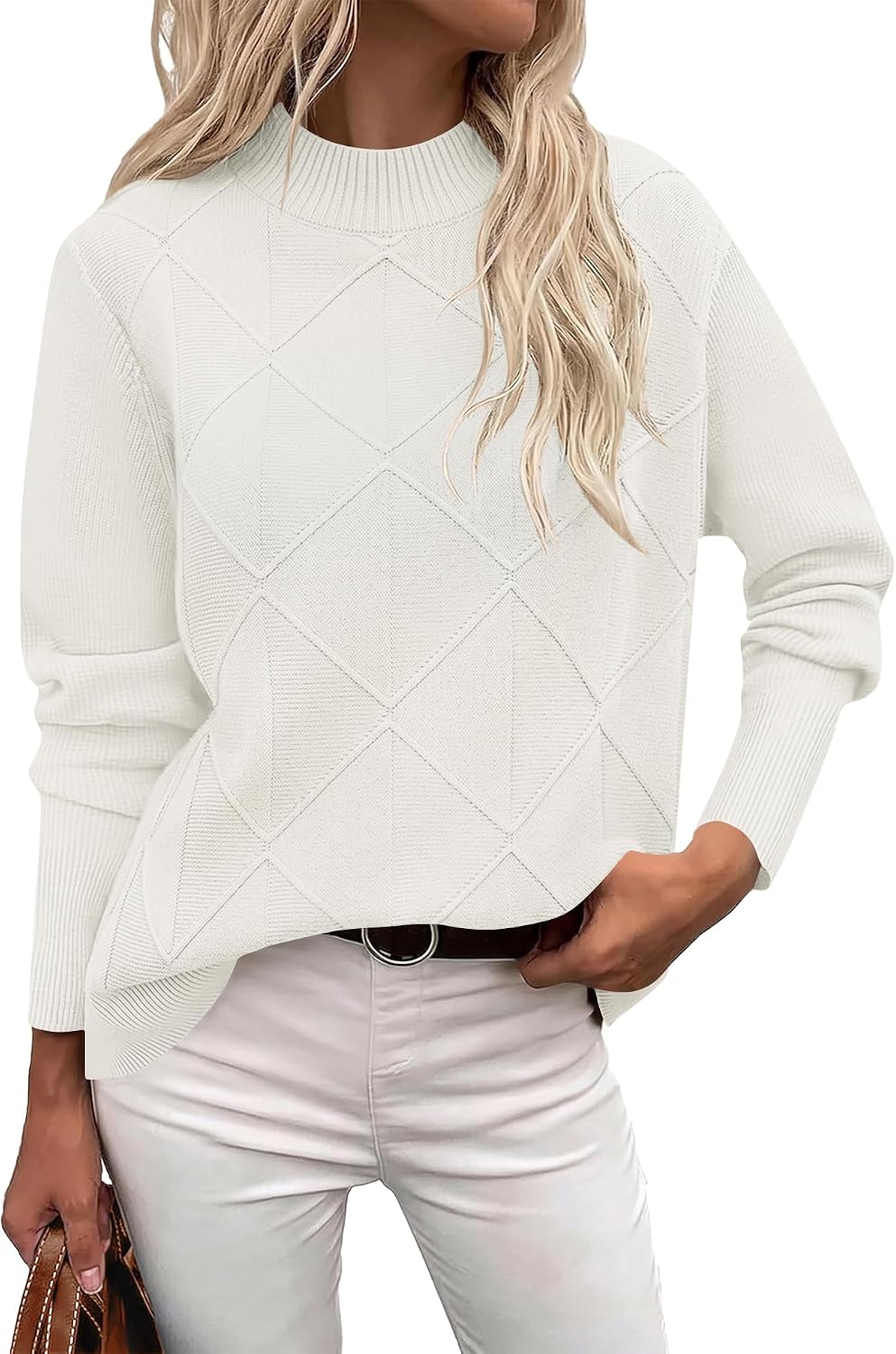 Womens Cable Knit Sweater Fall Mock-Neck Pullover Tops