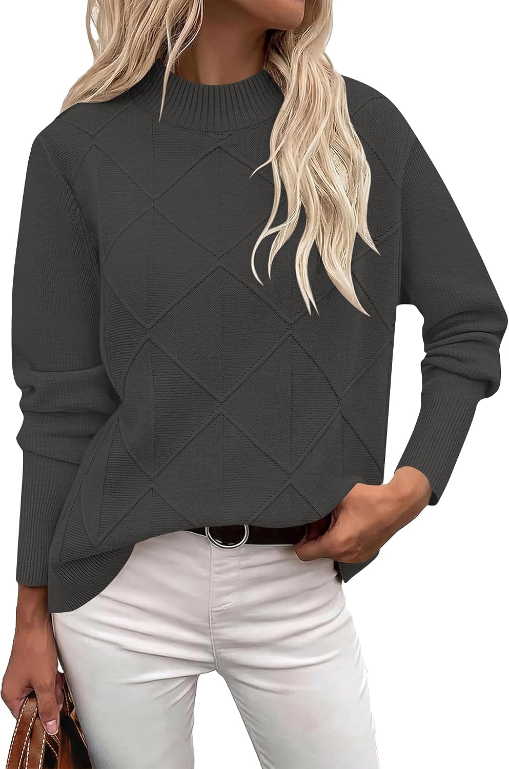 Womens Cable Knit Sweater Fall Mock-Neck Pullover Tops