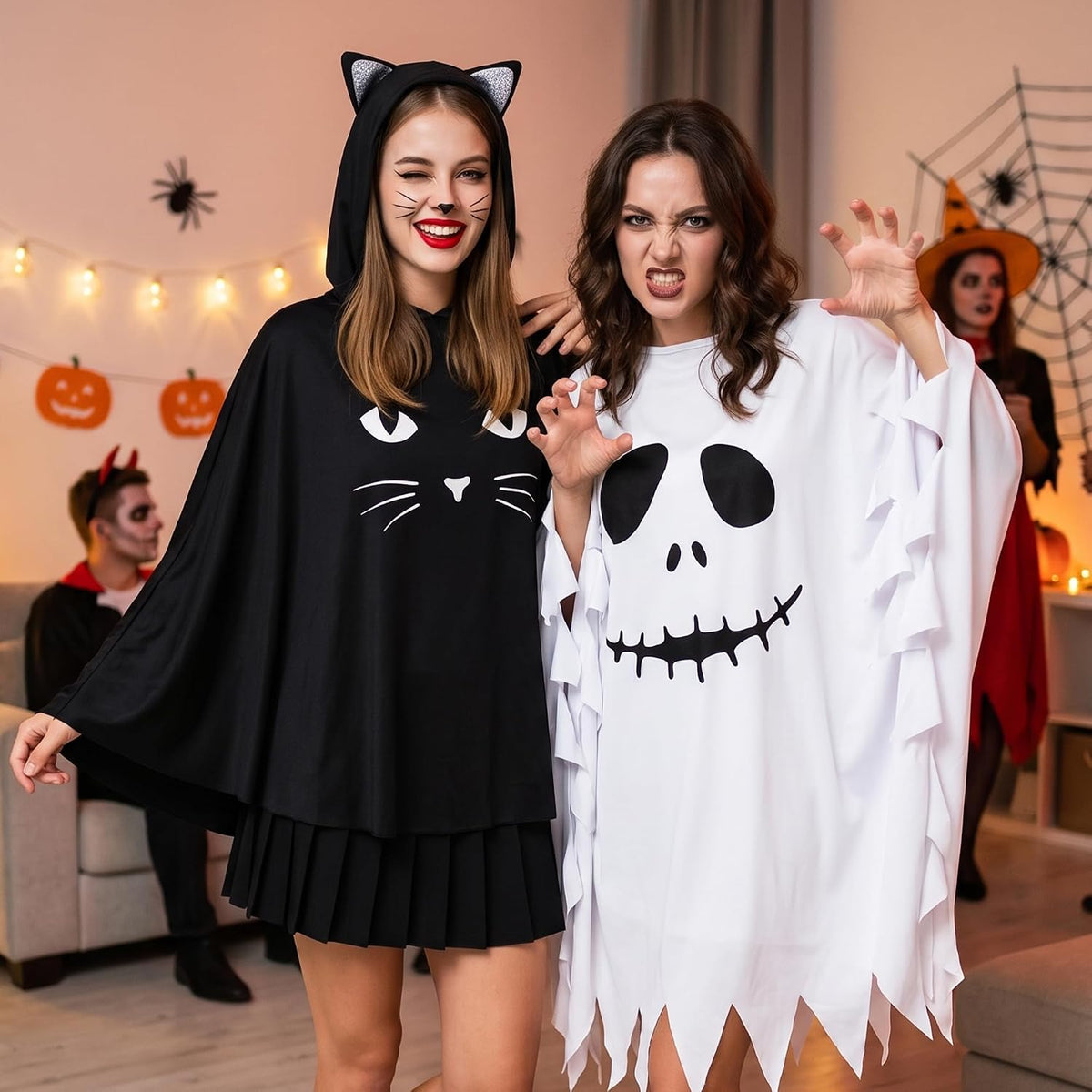 Black Cat Costume for Women. Glow in the Dark Halloween Poncho Hooded Cloak for Cosplay Themed Party