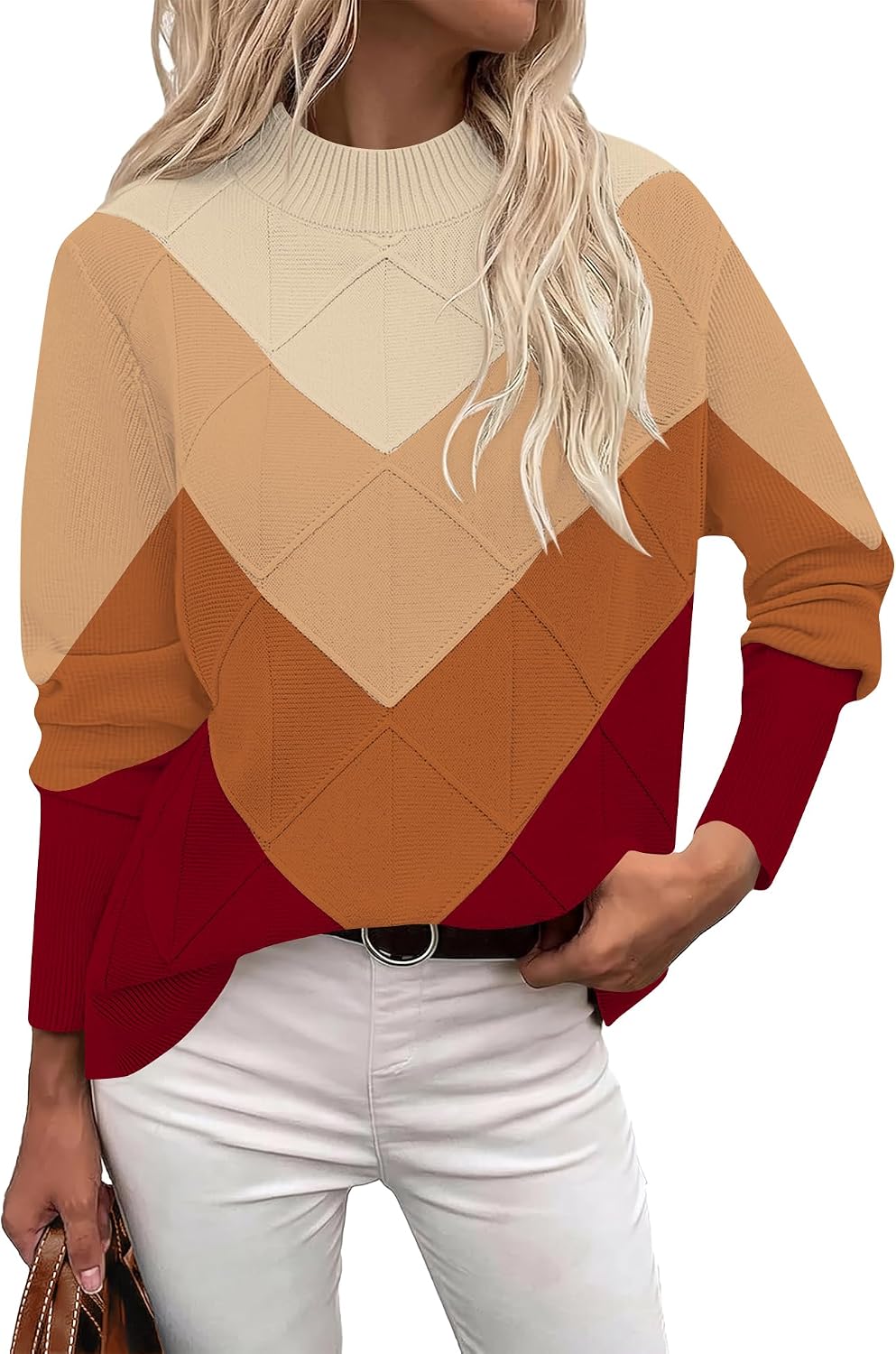 Womens Cable Knit Sweater Fall Mock-Neck Pullover Tops