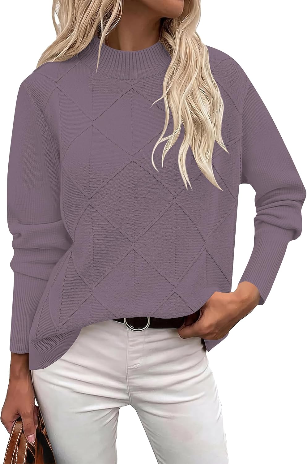 Womens Cable Knit Sweater Fall Mock-Neck Pullover Tops