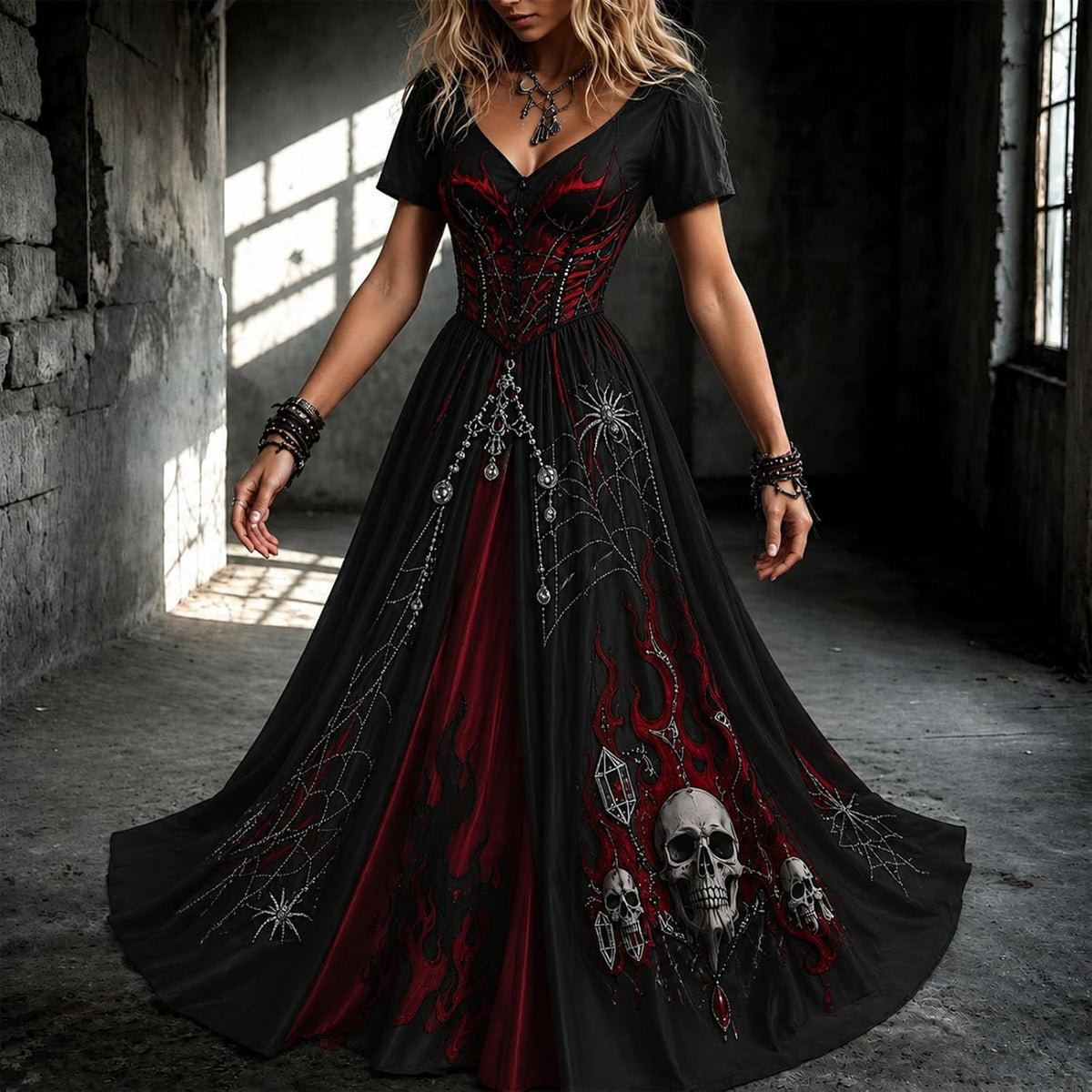 Womens Halloween Dresses Costume Plus Size Skeleton Maxi Dress
