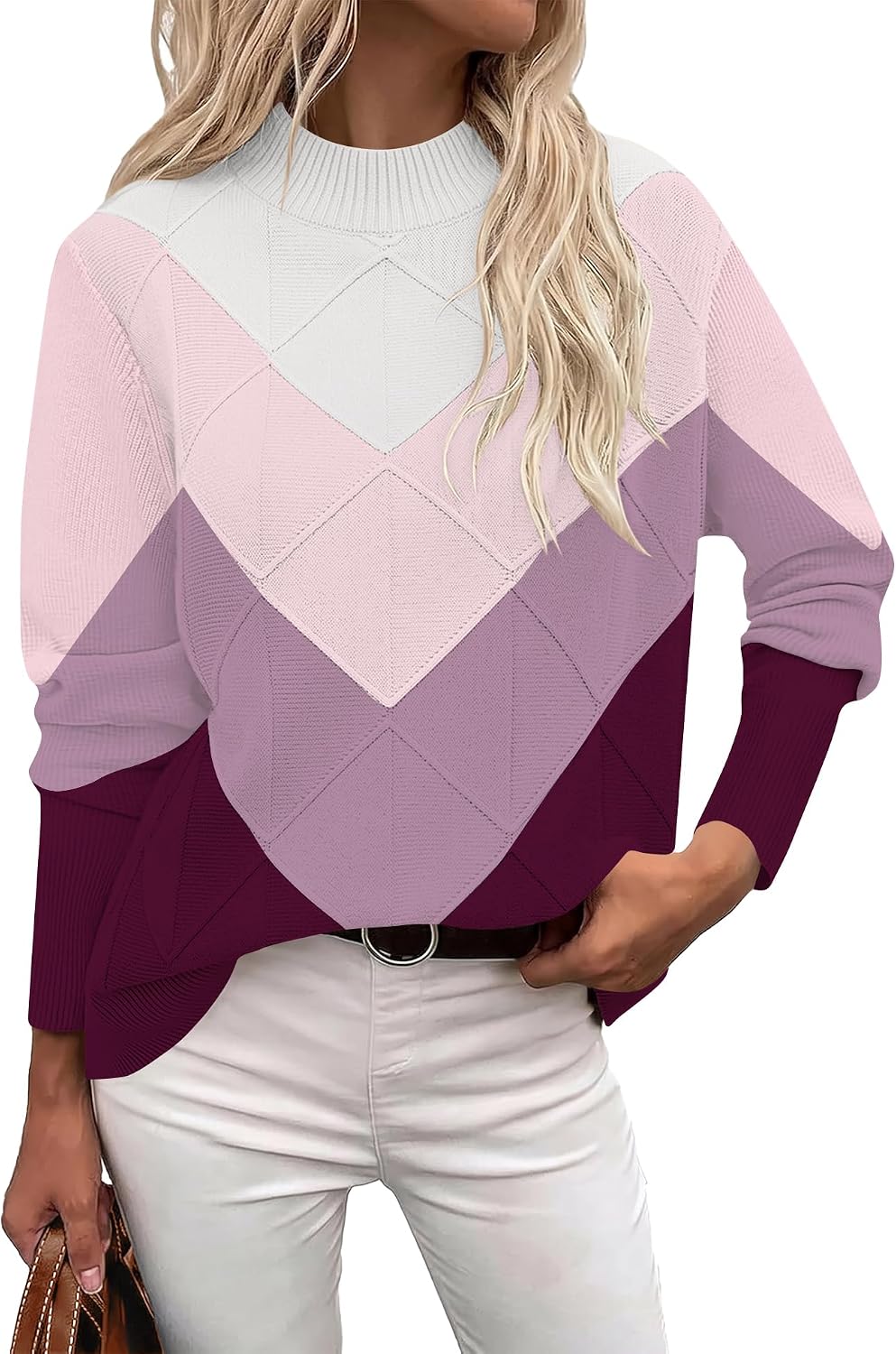 Womens Cable Knit Sweater Fall Mock-Neck Pullover Tops