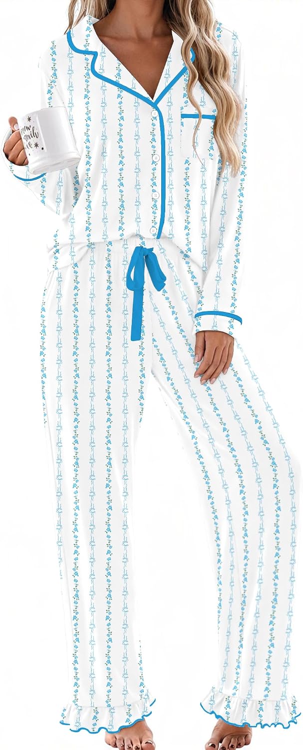 Womens Classic Notch Collar Lounge Sets. Comfy 2 Pieces Ruffle Pants for Home