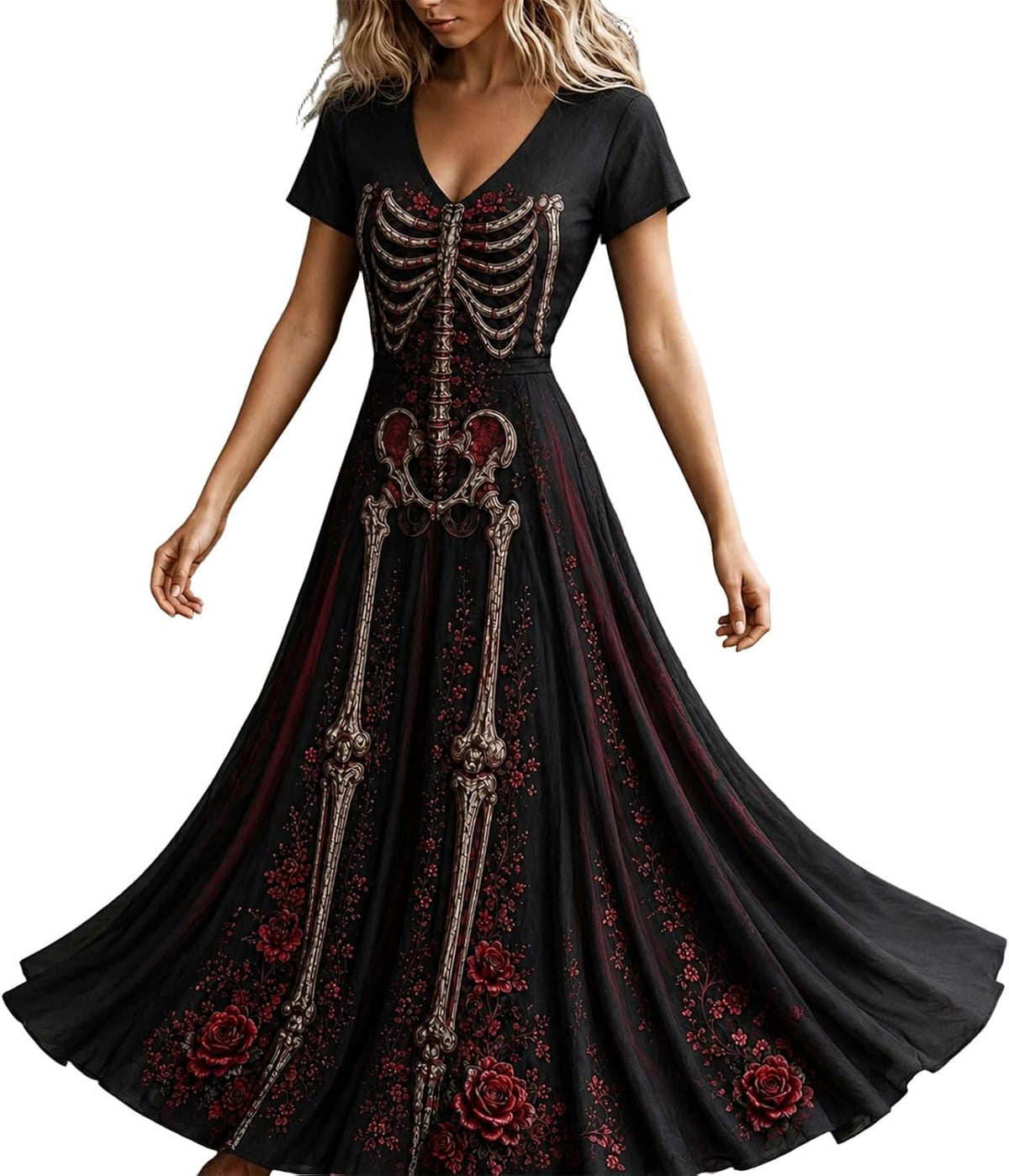 Womens Halloween Dresses Costume Plus Size Skeleton Maxi Dress