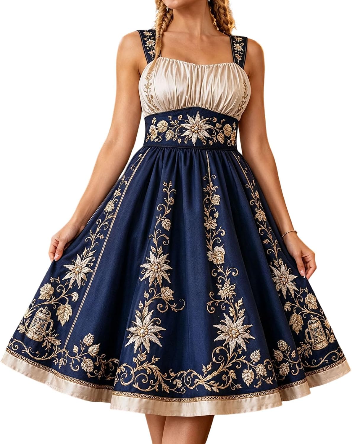 Vintage Floral Embroidered Midi Dress with Sweetheart Neckline Traditional Beer Maid Outfit for Halloween Cosplay Fall Events