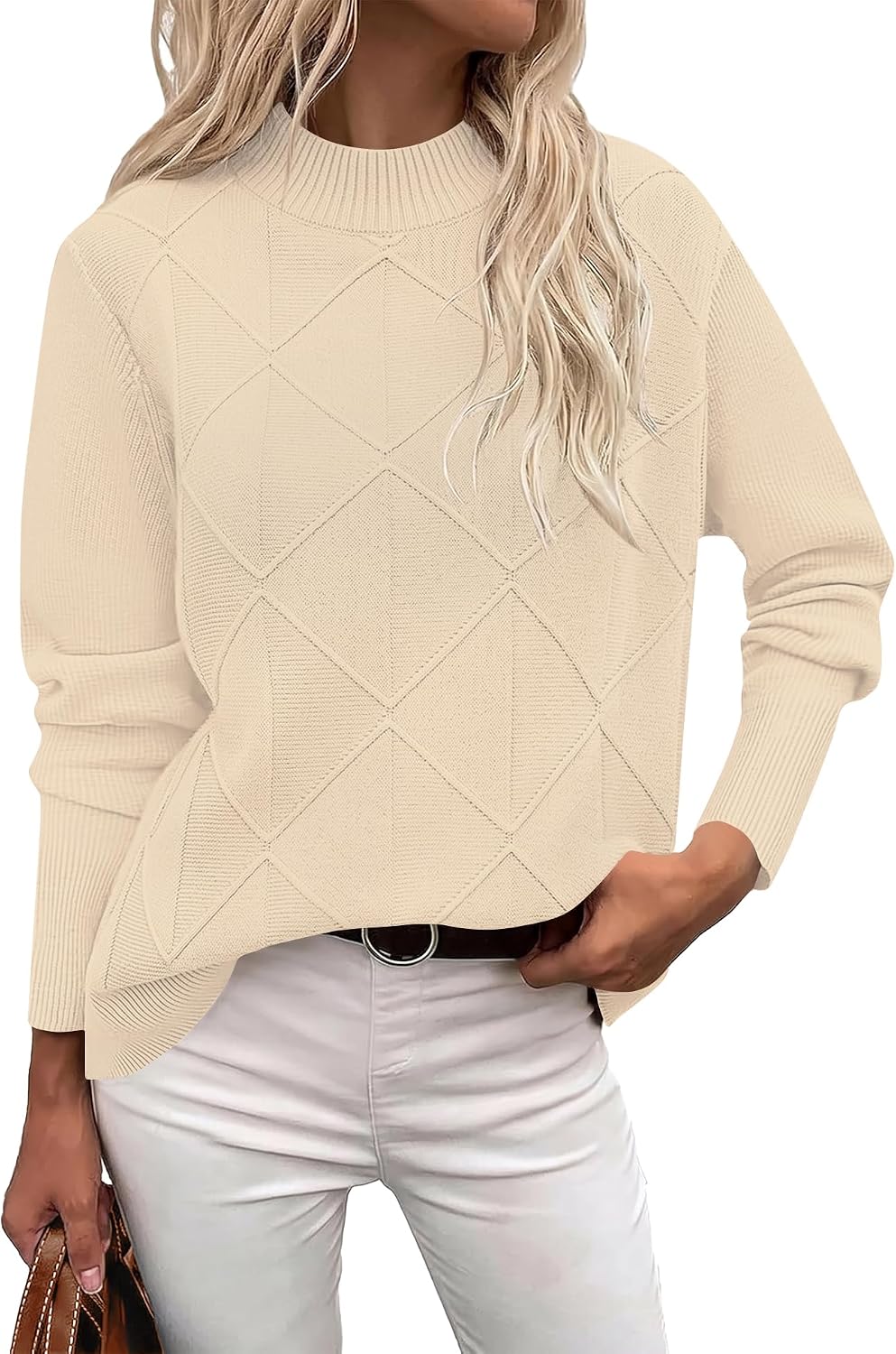 Womens Cable Knit Sweater Fall Mock-Neck Pullover Tops