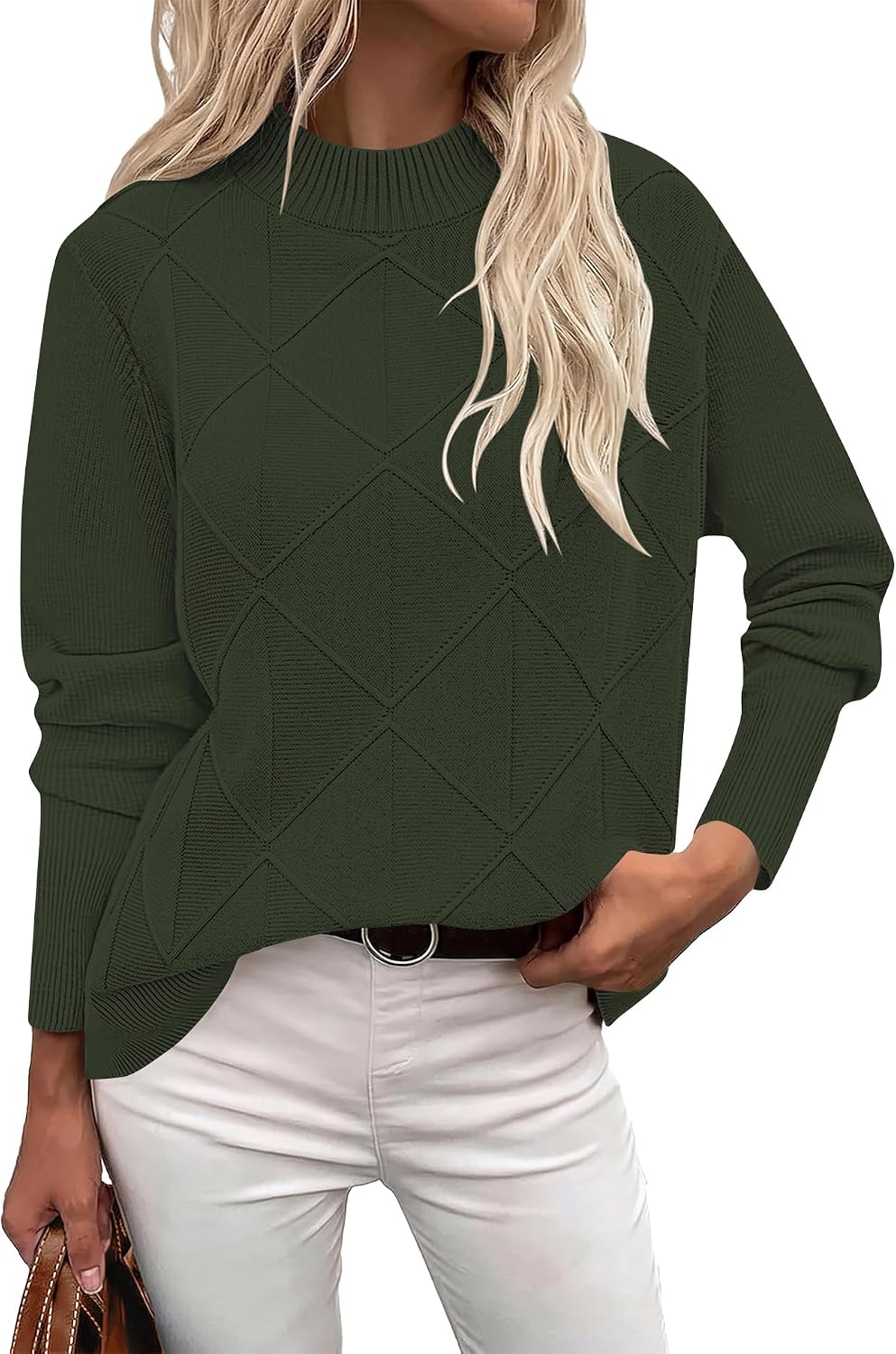 Womens Cable Knit Sweater Fall Mock-Neck Pullover Tops