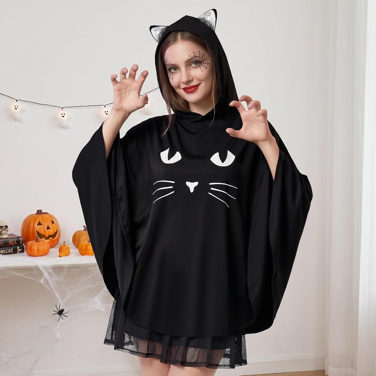 Black Cat Costume for Women. Glow in the Dark Halloween Poncho Hooded Cloak for Cosplay Themed Party