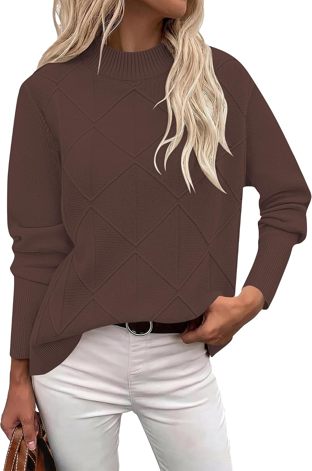 Womens Cable Knit Sweater Fall Mock-Neck Pullover Tops