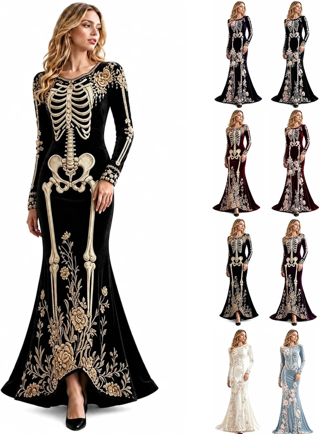 Women Skeleton Dress Long Sleeve Gothic 3D Digital Print Maxi Halloween Dresses Velvet Floral Costume Cosplay