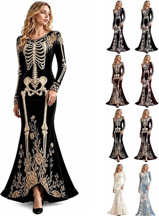 Women Skeleton Dress Long Sleeve Gothic 3D Digital Print Maxi Halloween Dresses Velvet Floral Costume Cosplay