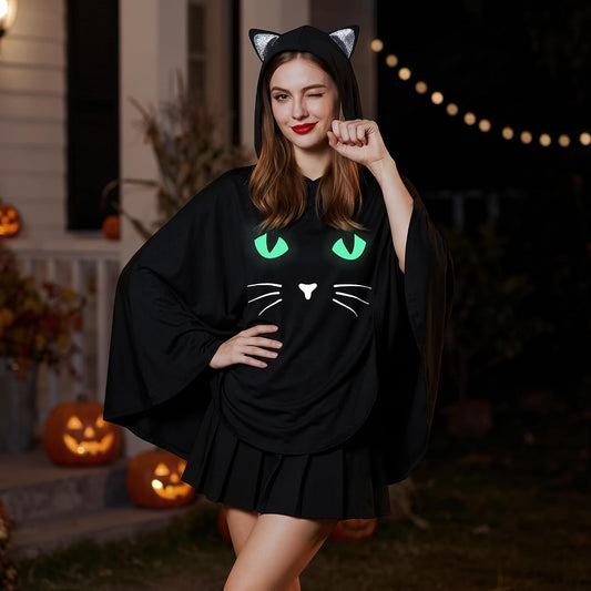 Black Cat Costume for Women. Glow in the Dark Halloween Poncho Hooded Cloak for Cosplay Themed Party