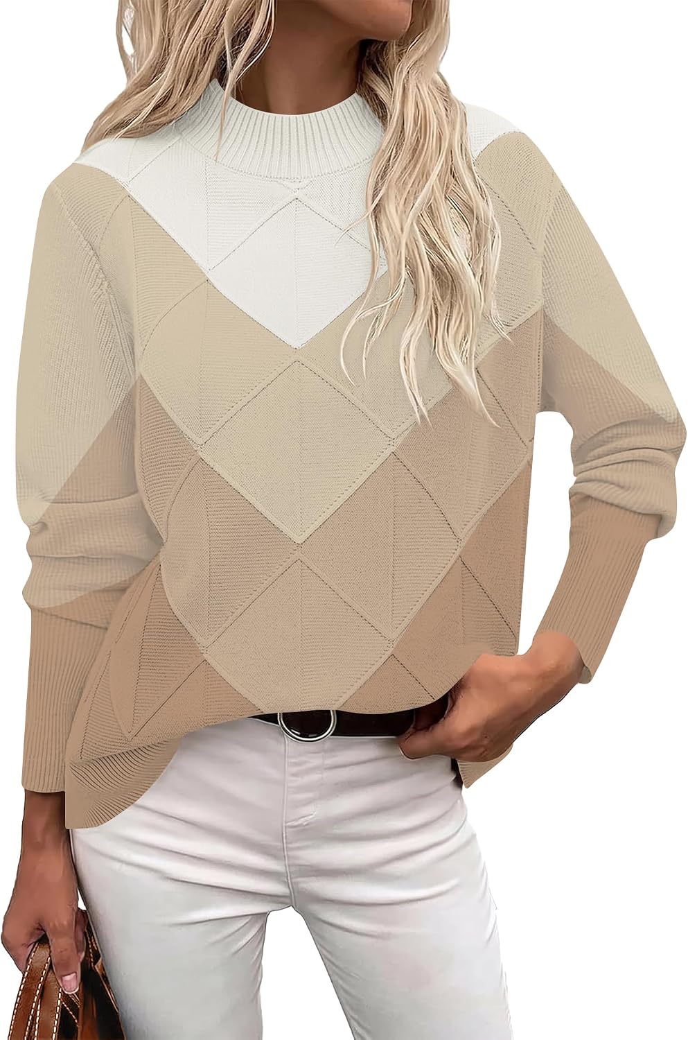 Womens Cable Knit Sweater Fall Mock-Neck Pullover Tops