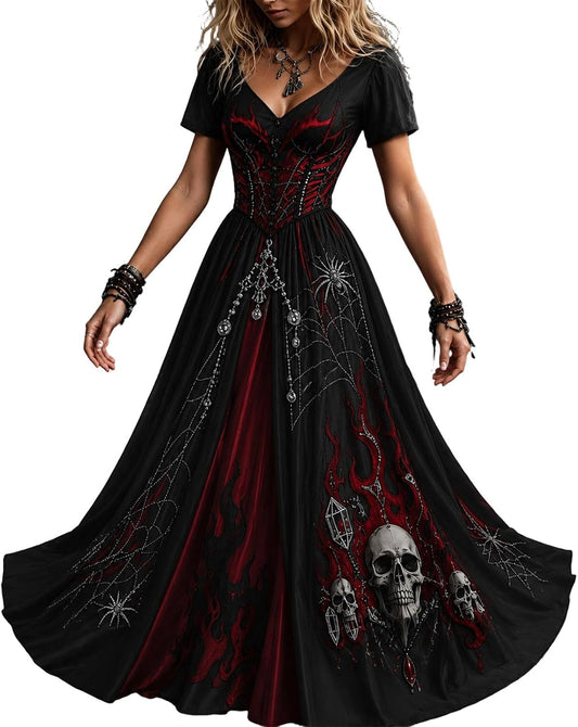 Womens Halloween Dresses Costume Plus Size Skeleton Maxi Dress