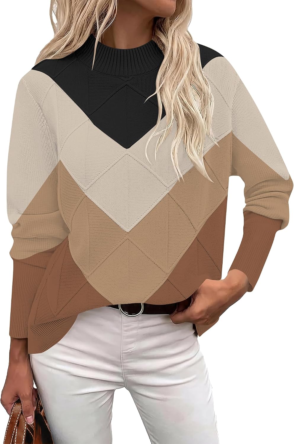 Womens Cable Knit Sweater Fall Mock-Neck Pullover Tops