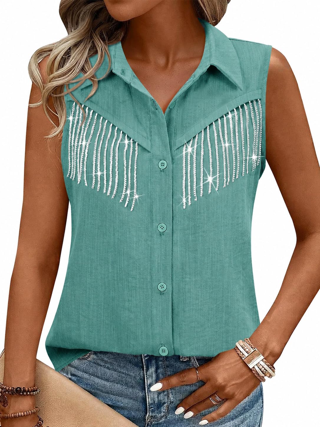 Womens Rhinestone Fringe Shirt Top Dolly Costume Parton Club Outfit