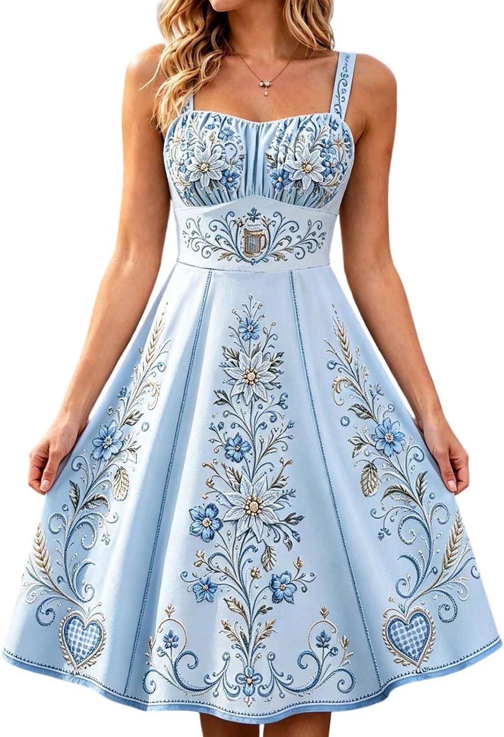 Vintage Floral Embroidered Midi Dress with Sweetheart Neckline Traditional Beer Maid Outfit for Halloween Cosplay Fall Events