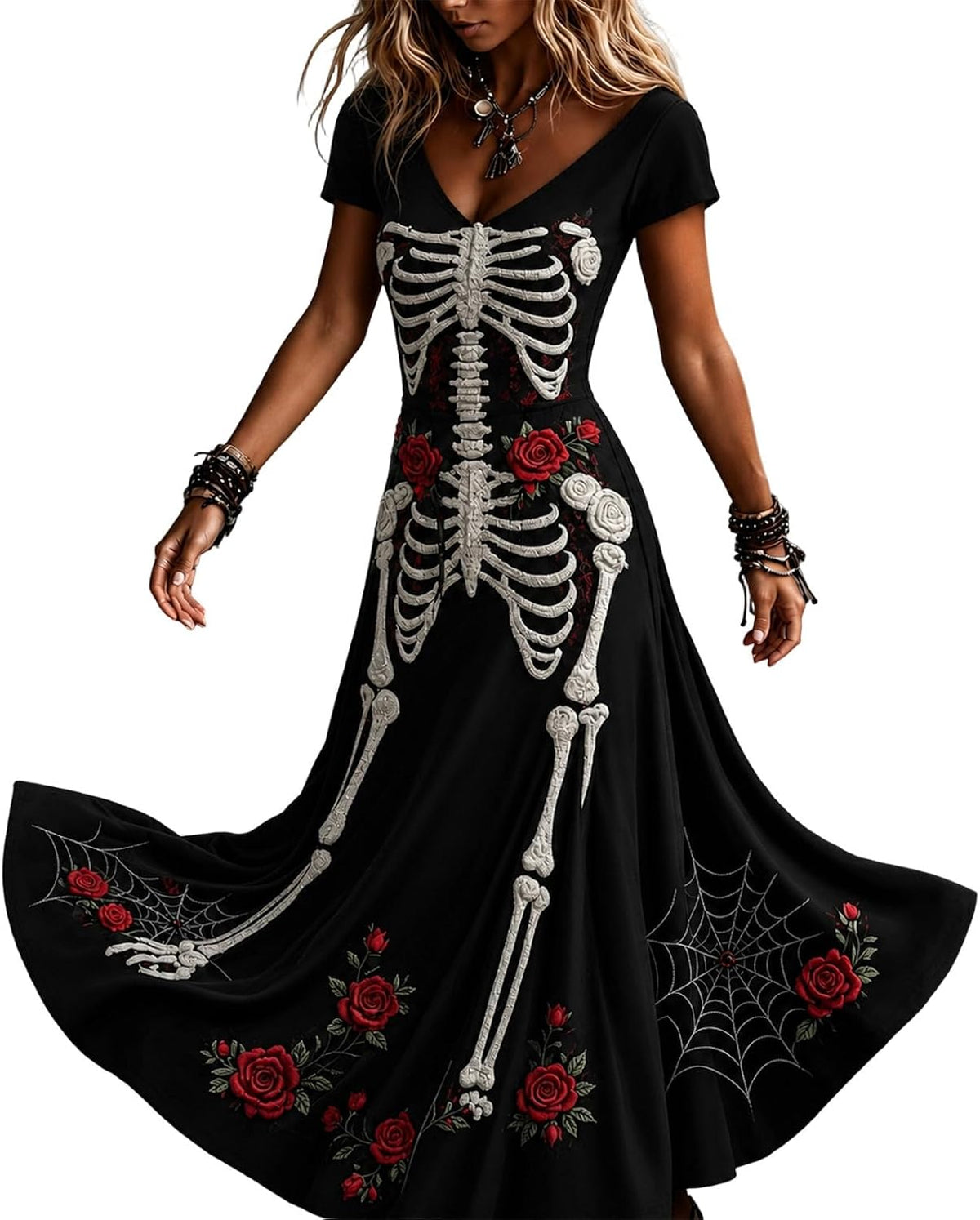 Womens Halloween Dresses Costume Plus Size Skeleton Maxi Dress
