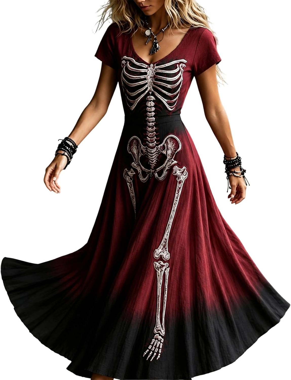 Womens Halloween Dresses Costume Plus Size Skeleton Maxi Dress