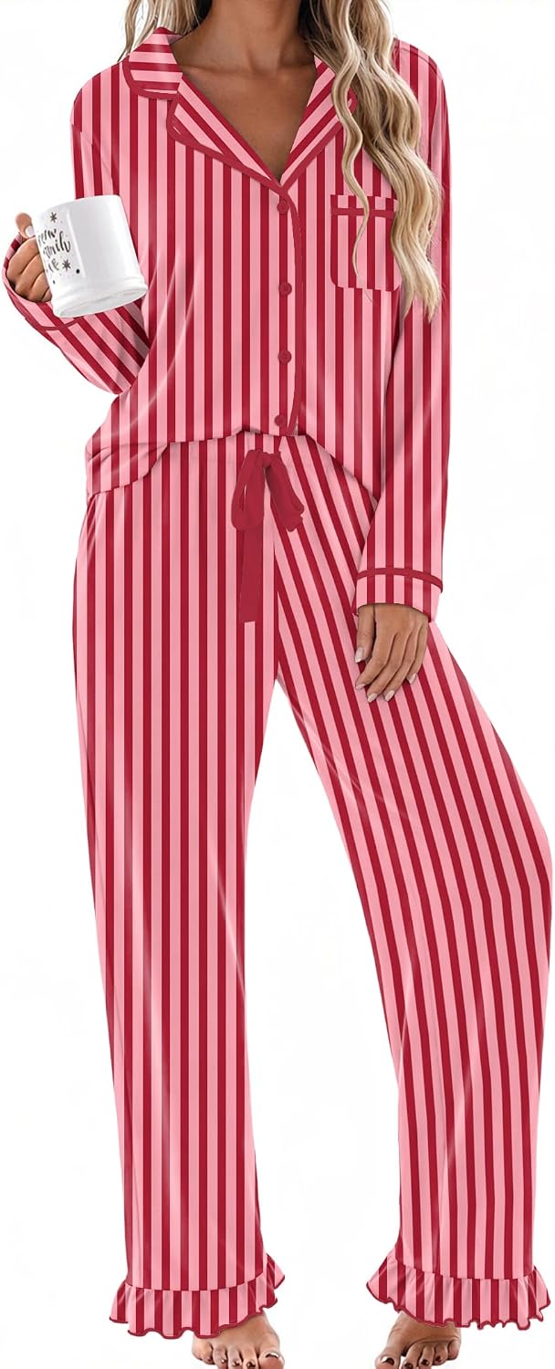 Womens Classic Notch Collar Lounge Sets. Comfy 2 Pieces Ruffle Pants for Home