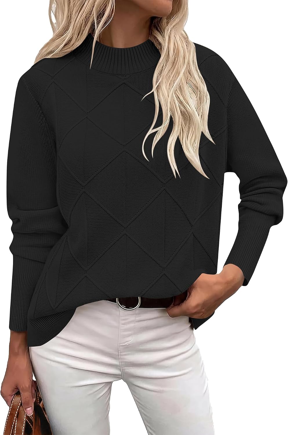 Womens Cable Knit Sweater Fall Mock-Neck Pullover Tops