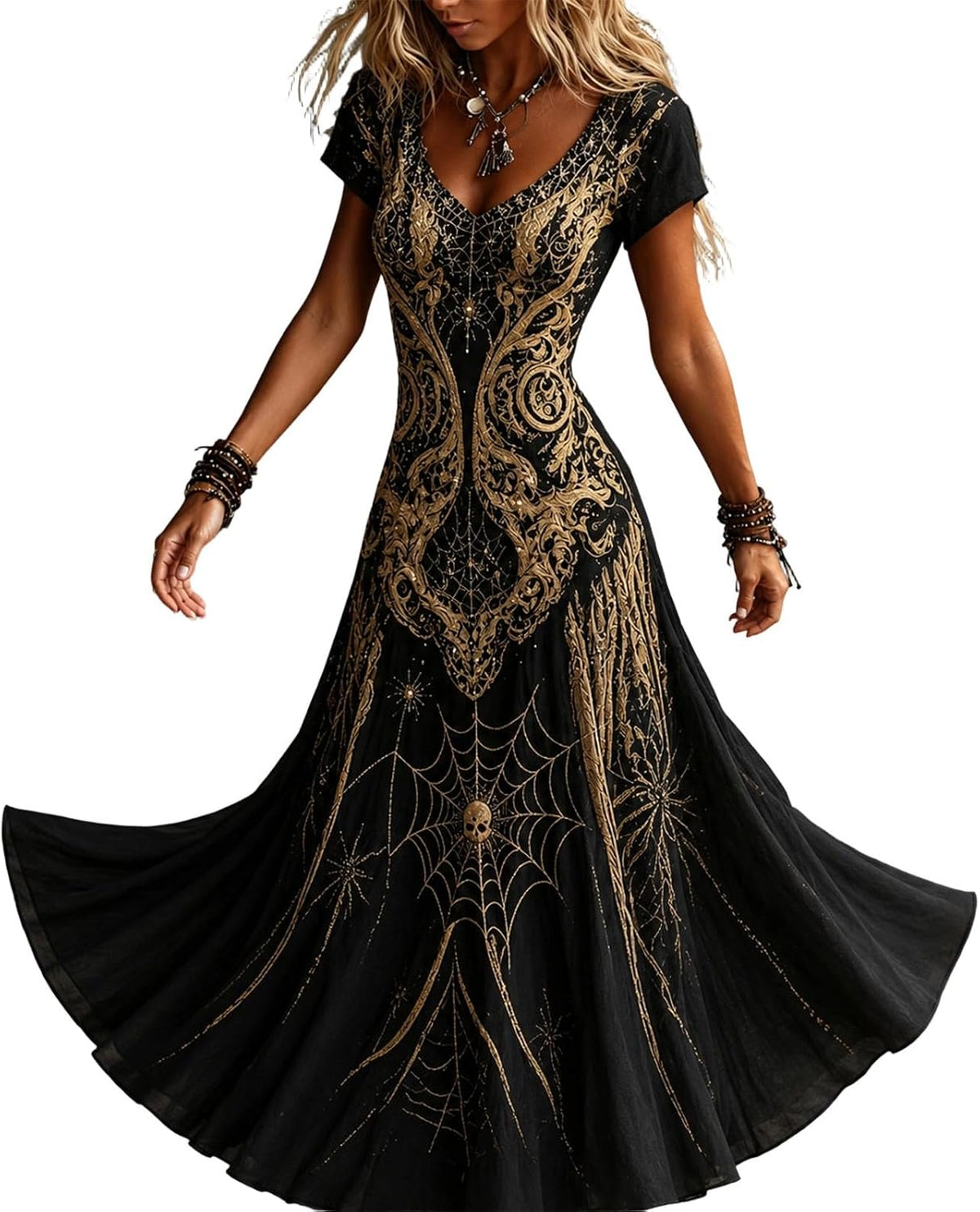 Womens Halloween Dresses Costume Plus Size Skeleton Maxi Dress