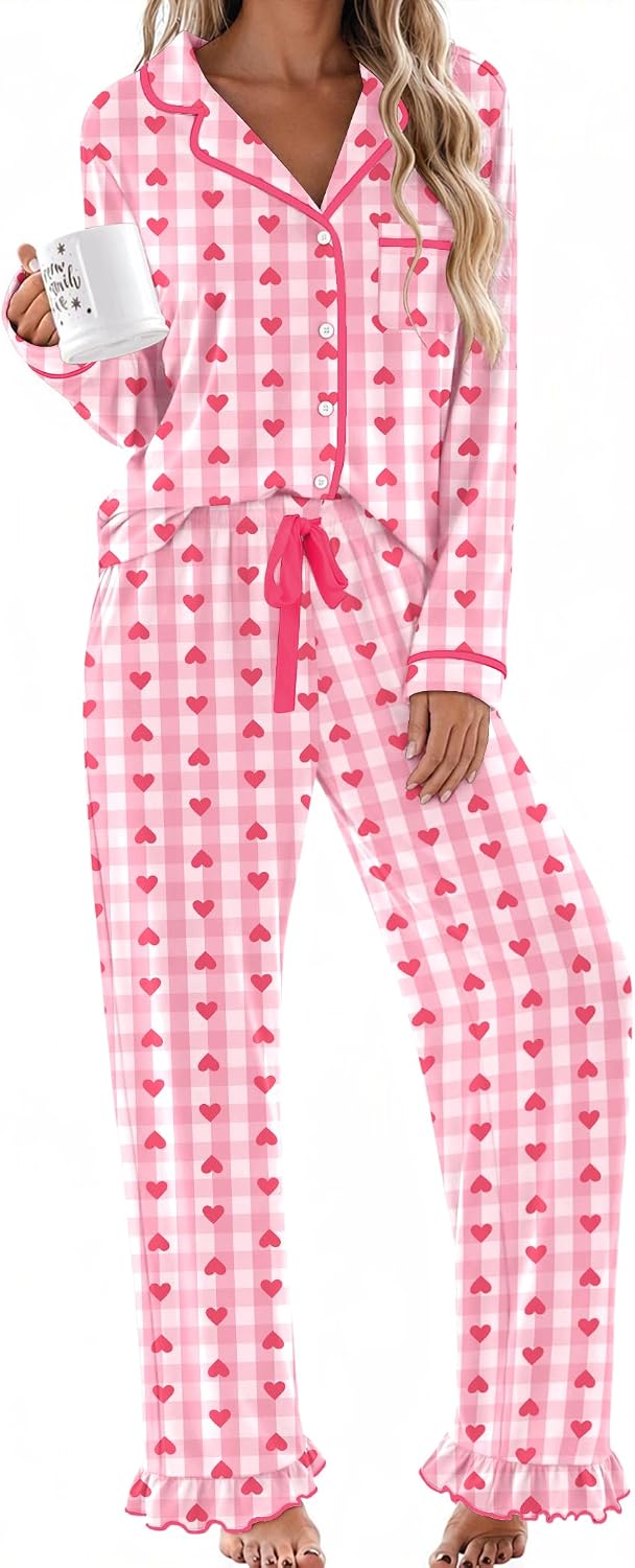 Womens Classic Notch Collar Lounge Sets. Comfy 2 Pieces Ruffle Pants for Home