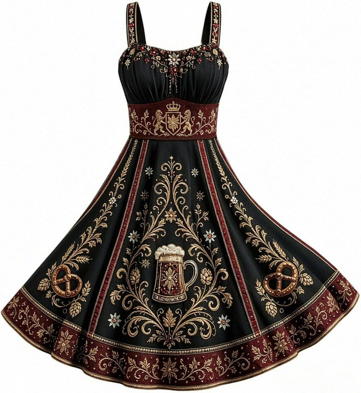 Vintage Floral Embroidered Midi Dress with Sweetheart Neckline Traditional Beer Maid Outfit for Halloween Cosplay Fall Events