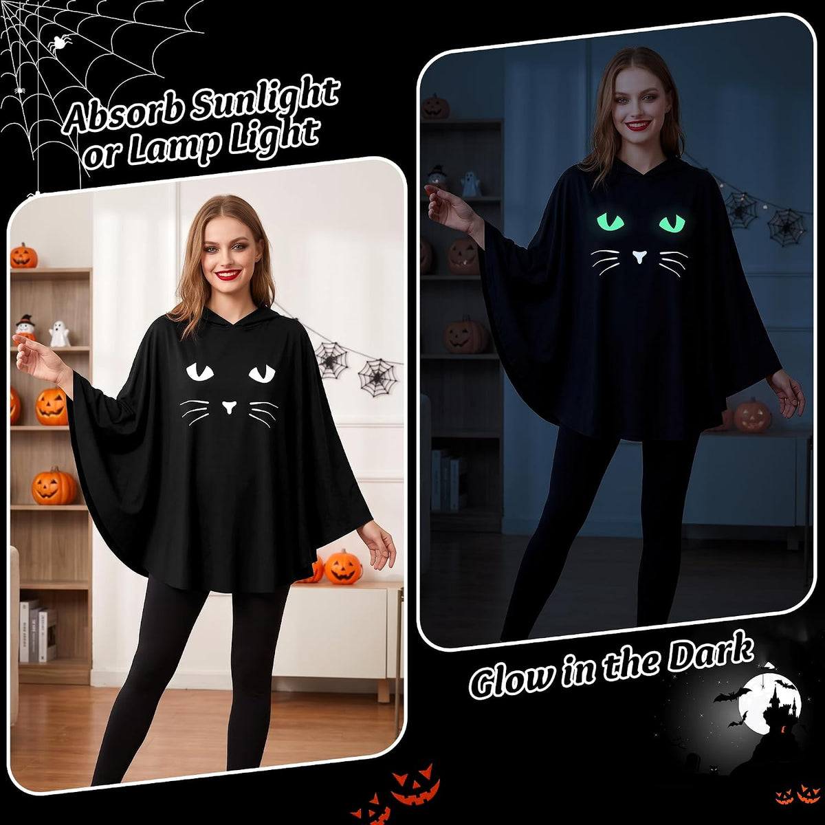 Black Cat Costume for Women. Glow in the Dark Halloween Poncho Hooded Cloak for Cosplay Themed Party