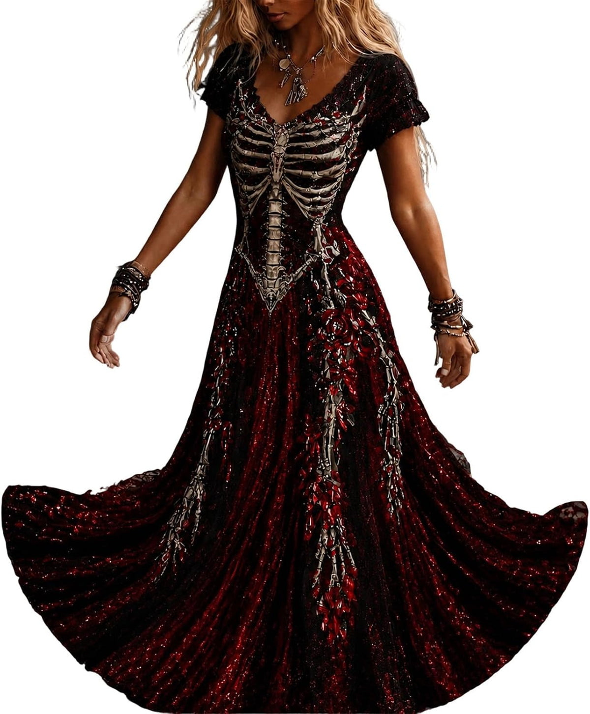 Womens Halloween Dresses Costume Plus Size Skeleton Maxi Dress