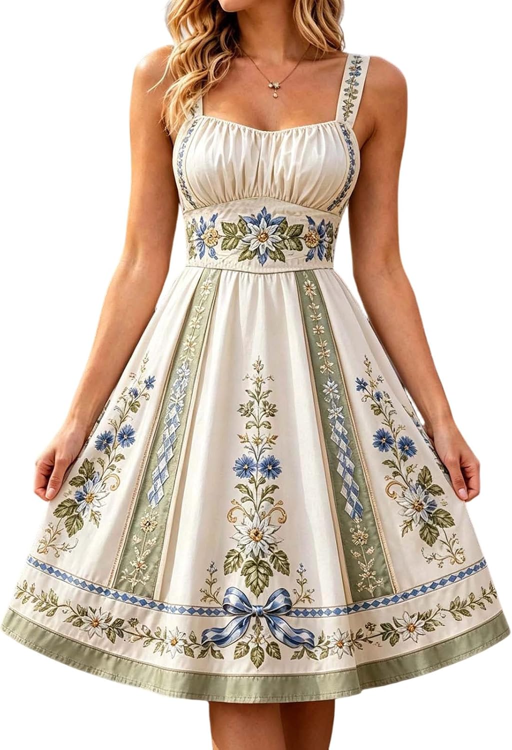 Vintage Floral Embroidered Midi Dress with Sweetheart Neckline Traditional Beer Maid Outfit for Halloween Cosplay Fall Events